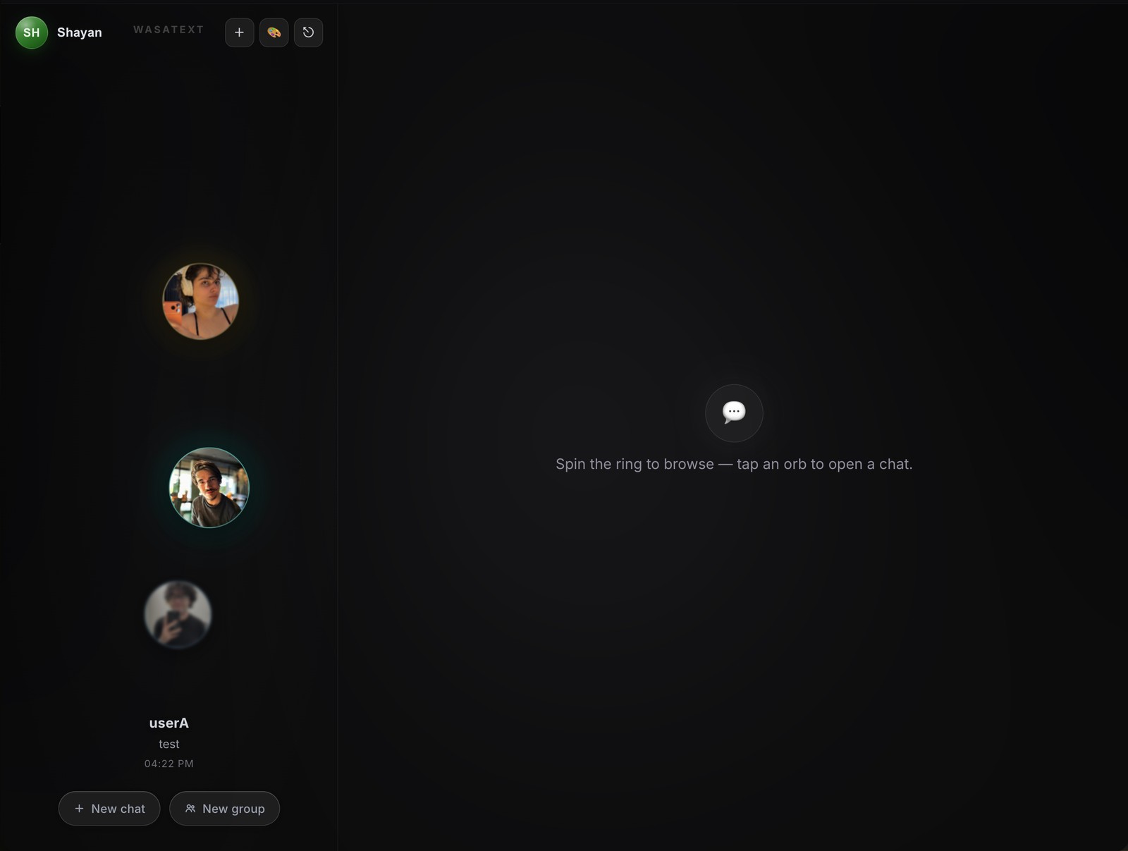 WASAText — custom ring-based chat browser UI, dark theme